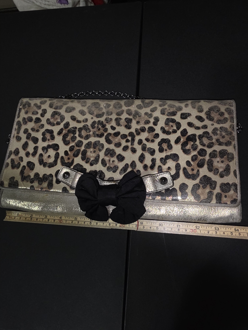 Betsey Johnson Leopard Print Clutch with Metallic Trim and Black Bow